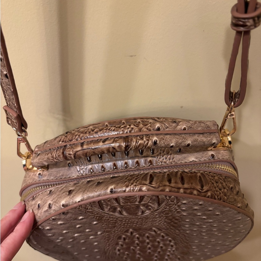 Round Croc-Embossed Crossbody Bag | Brown Ostrich Texture | Top Handle & Strap - Picture 9 of 9